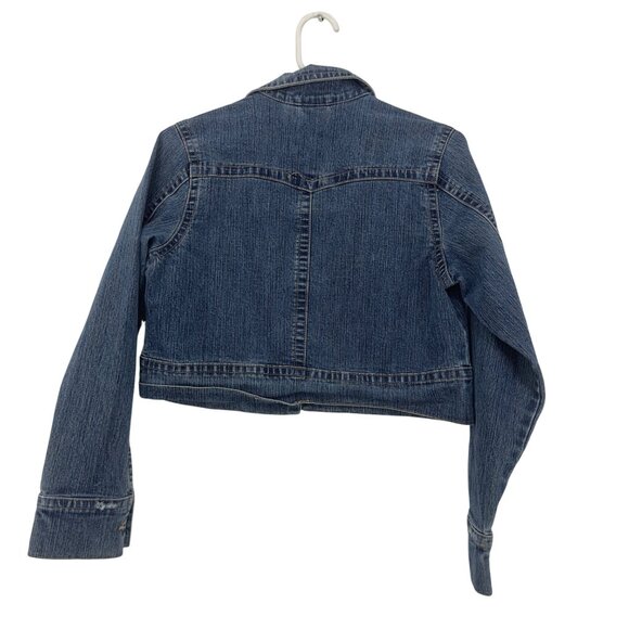 Xhilaration Womens Cropped Denim Jacket SZ XL Blue Button Front Distressed Style - Picture 10 of 15